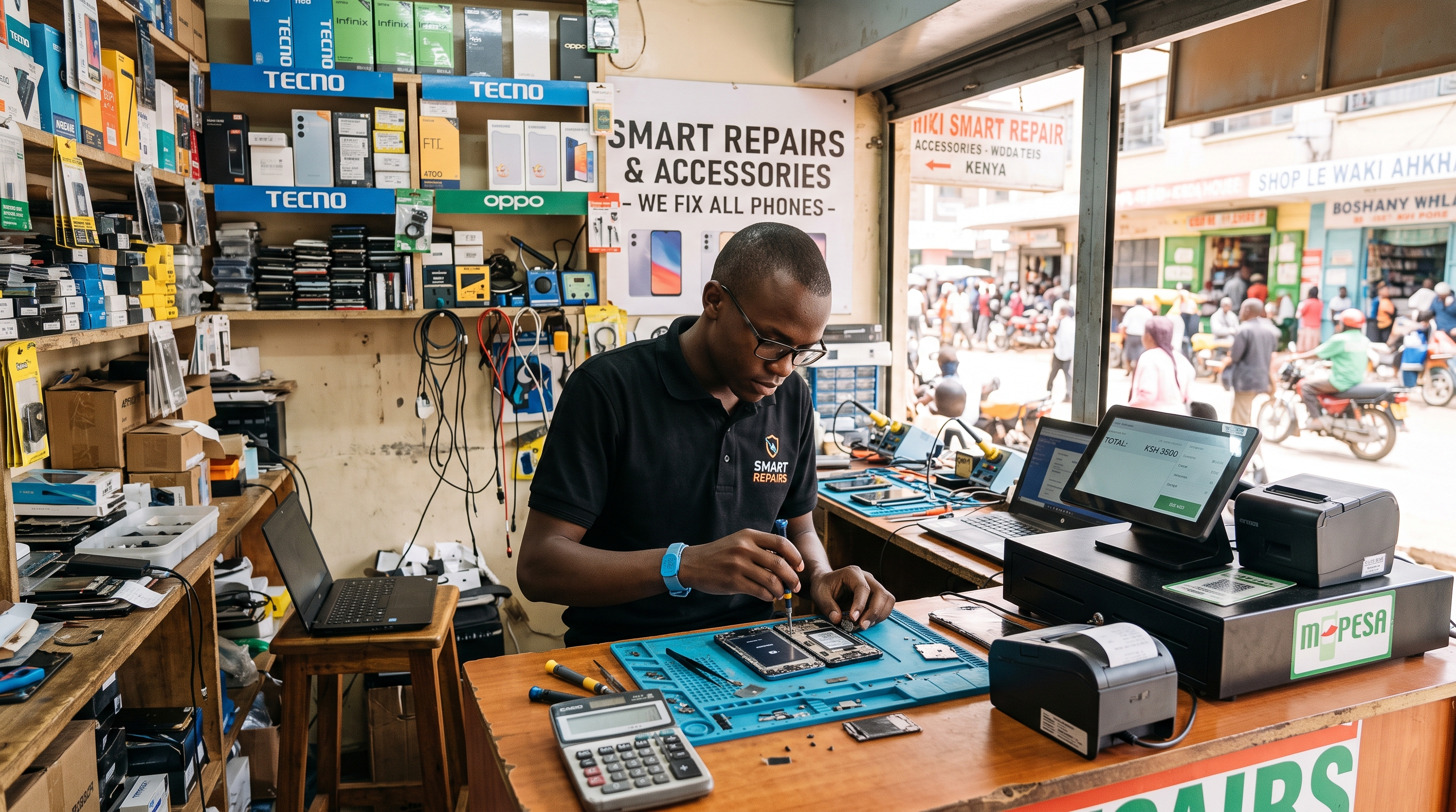 Electronics repair technician using Nexlev Retail POS in Kenya
