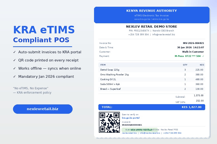 Retail business issuing KRA eTIMS compliant invoices via Nexlev Retail