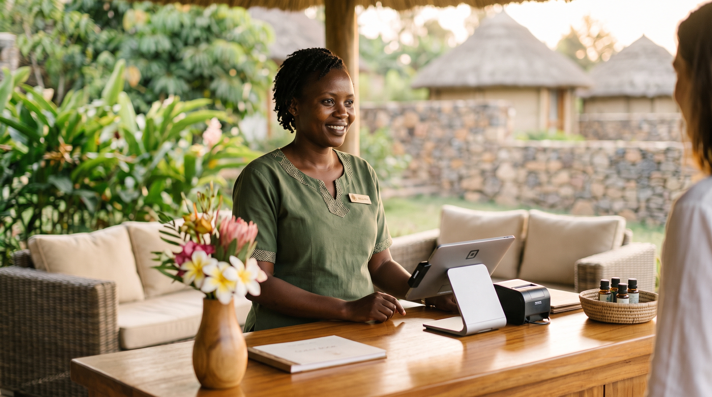 Spa receptionist processing checkout on Nexlev Retail POS in Kenya