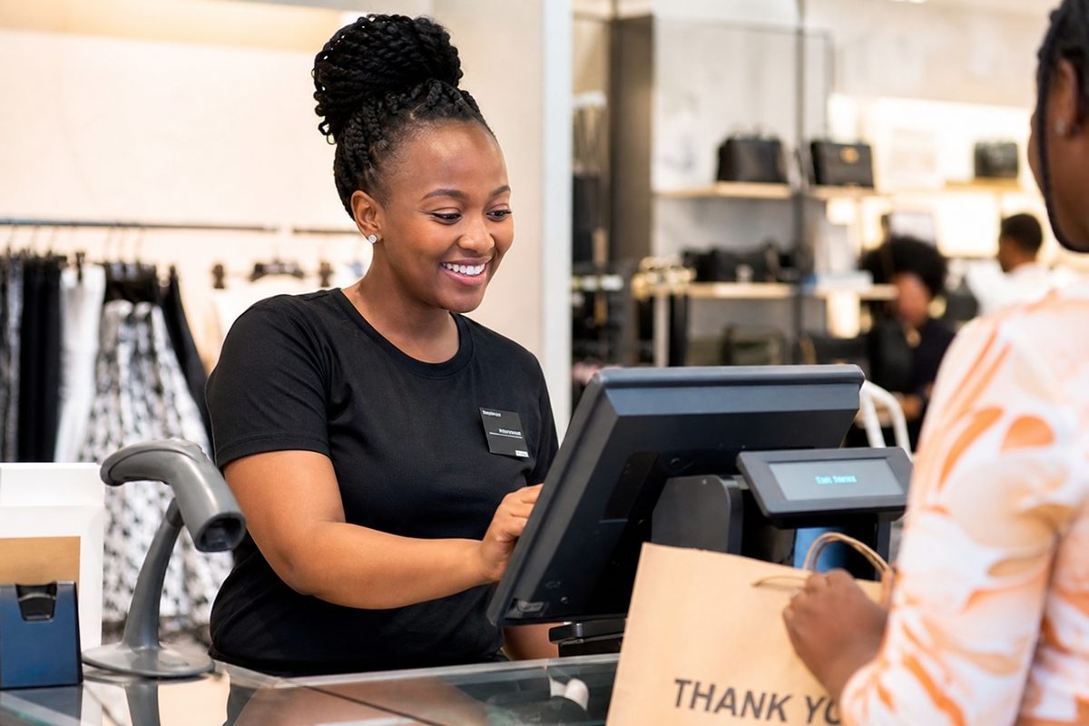 Friendly cashier using Nexlev Retail POS system