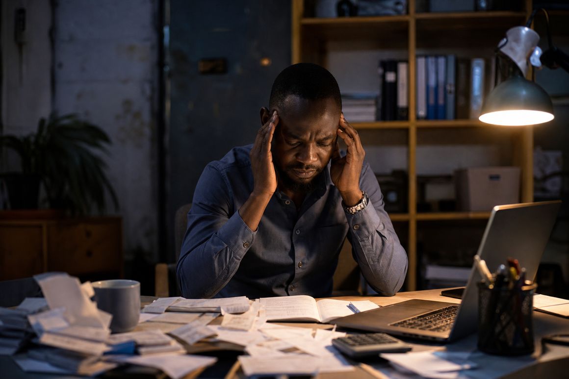 Stressed business owner at a desk cluttered with receipts and tax paperwork late at night